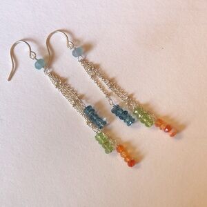 Artisan gemstone long dangle earring sterling silver trio peridot apatite 2.75”